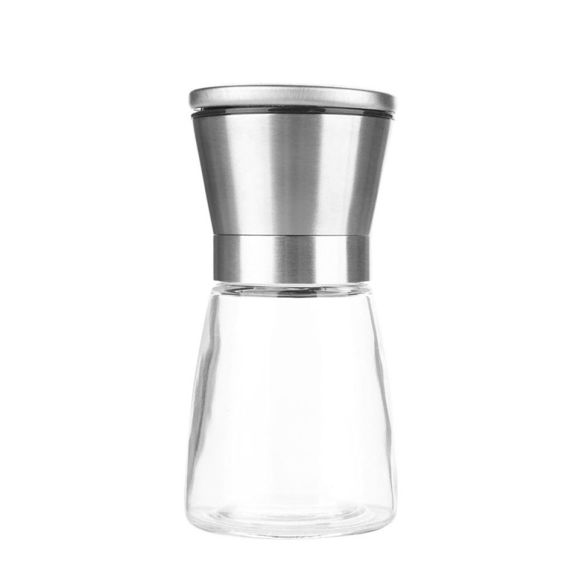 Ein Pfeffermühle aus klarem Glas und Edelstahl vor weißem Hintergrund. Der obere Teil ist Edelstahl, der untere Teil ist Glas.