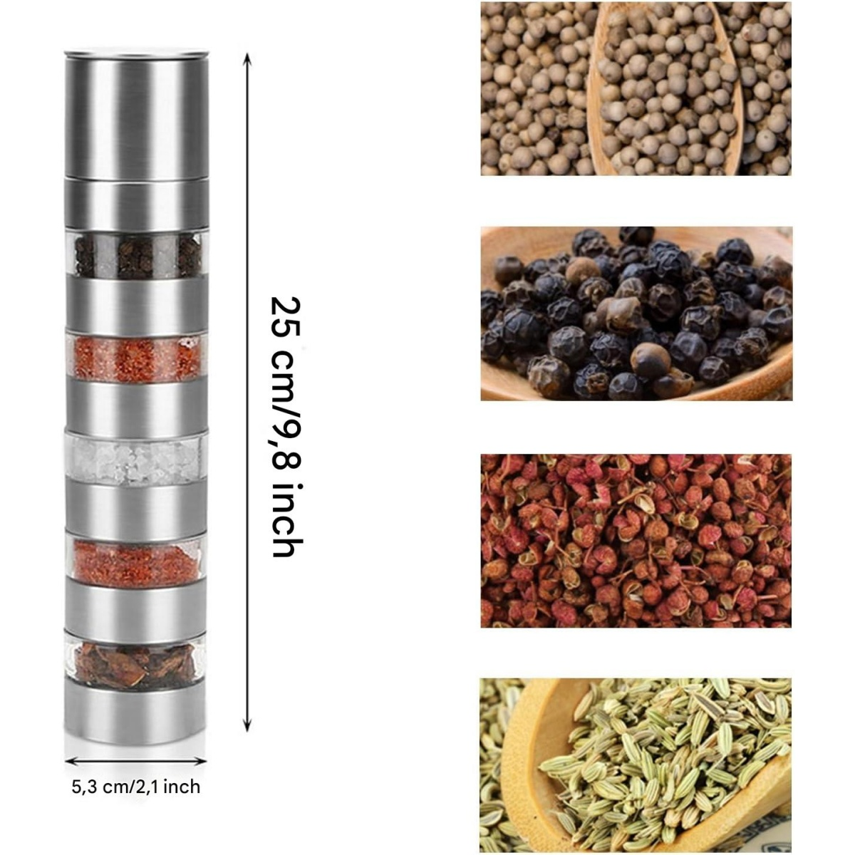 Ein mehrteiliger Gewürzschleifer mit Pfeffer, Salz und anderen Gewürzen. Nahaufnahmen von Pfefferkörnern, Beeren und Fenchelsamen werden ebenfalls gezeigt.