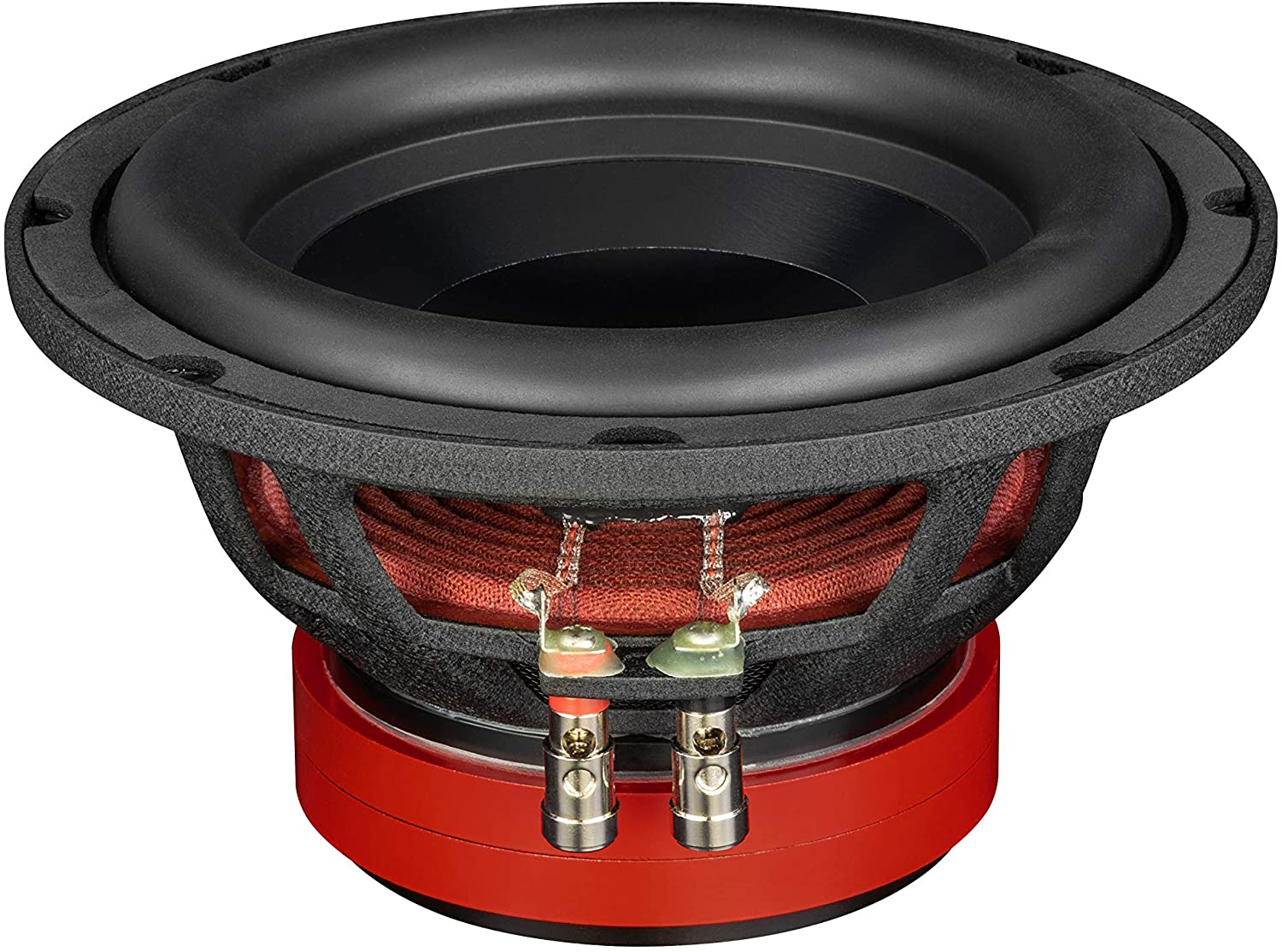 Nahaufnahme eines Subwoofer-Lautsprechers. Er hat einen schwarzen Konus, eine rote Spule und einen roten Sockel. Anschlüsse sind sichtbar.