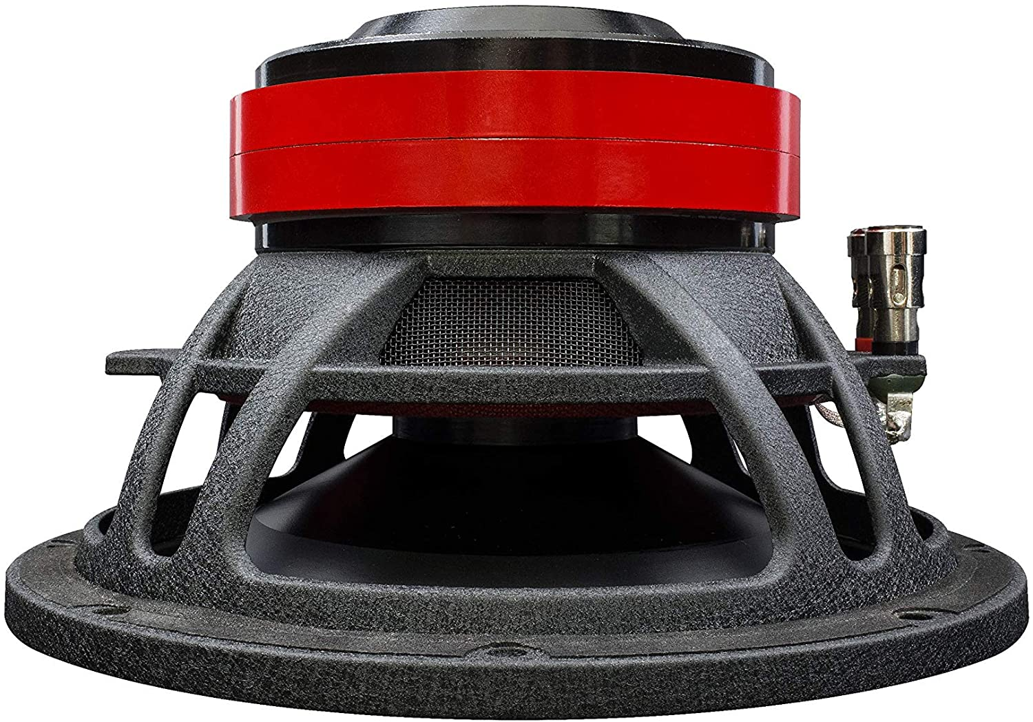 Nahaufnahme eines Subwoofer-Lautsprechers. Er hat einen roten Ring, schwarze und graue Komponenten und ein Metallgitter.