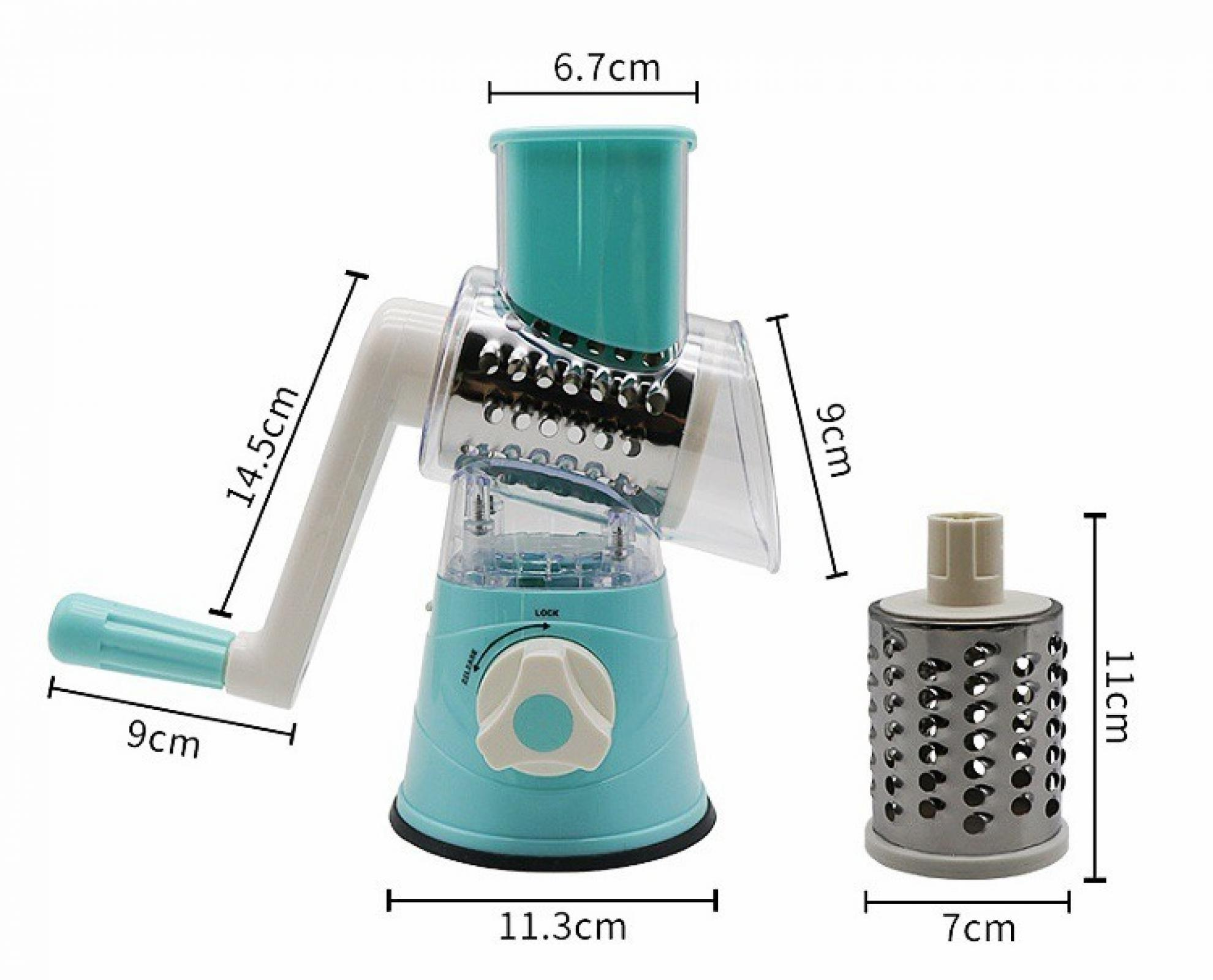 Ein teal- und weißfarbiger Gemüseschneider. Er hat einen Griff, eine Reibe und einen separaten zylindrischen Reibaufsatz.