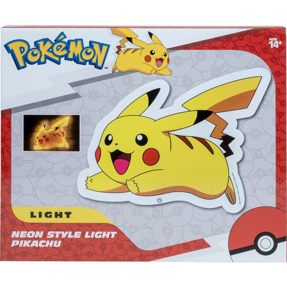 Verpackungsdesign mit Pikachu-Licht. Gelbes Pikachu auf weißem und rotem Hintergrund. Pokemon-Logo, Alter 14+.