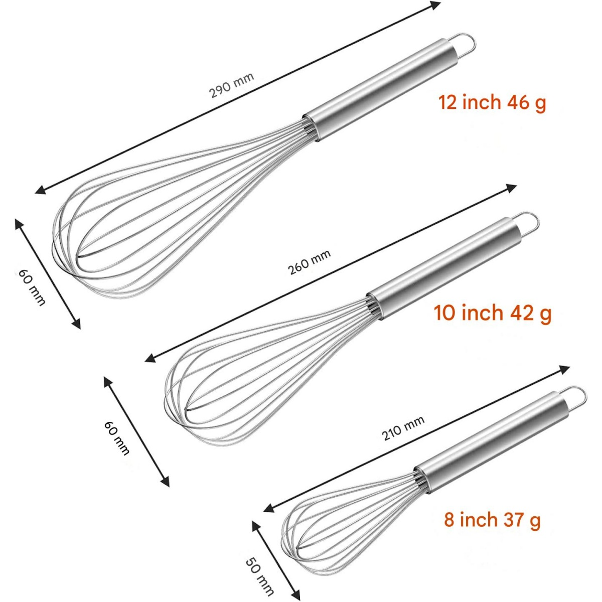 Drei Schneebesen mit Maßen: 12 Zoll, 10 Zoll und 8 Zoll. Gewichte sind 46g, 42g und 37g. Abmessungen sind ebenfalls angegeben.