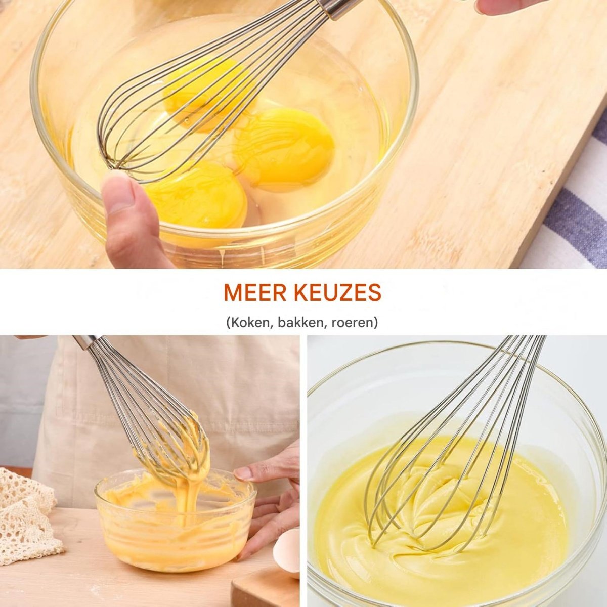 Ein Schneebesen in einer Schüssel mit Eiern, eine andere mit Teig. Der Text "MEER KEUZES" (Mehr Auswahl) und "Koken, bakken, roeren" (Kochen, Backen, Rühren).