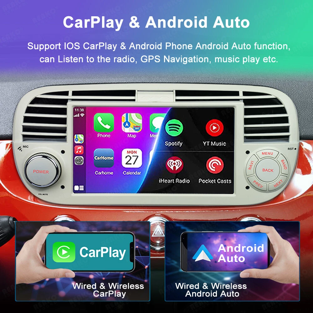 Autoradio-Bildschirm mit CarPlay- und Android Auto-Optionen. Zwei Telefone zeigen diese Oberflächen. Auf dem Bildschirm werden App-Symbole angezeigt.