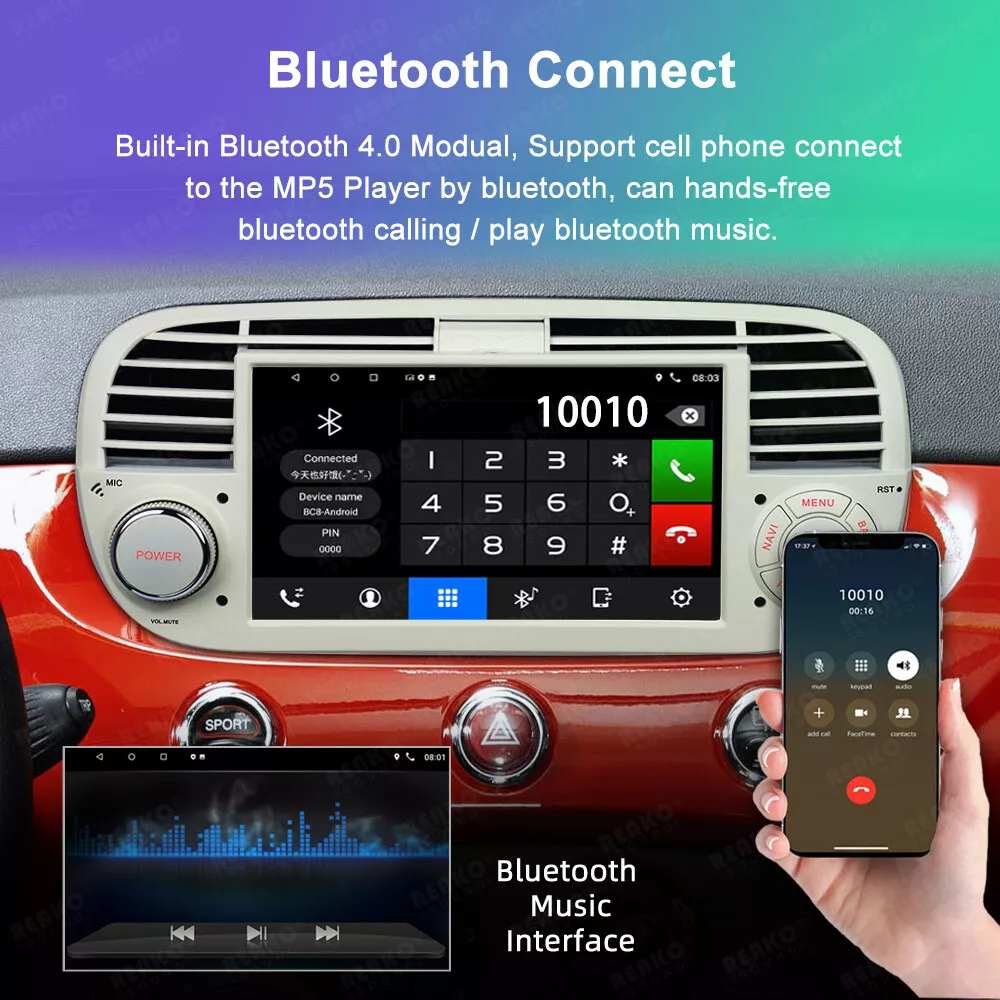 Autoradio-Bildschirm mit Telefonschnittstelle, ein Telefon in der Hand und Bluetooth-Text. Roter Auto Innenraum.