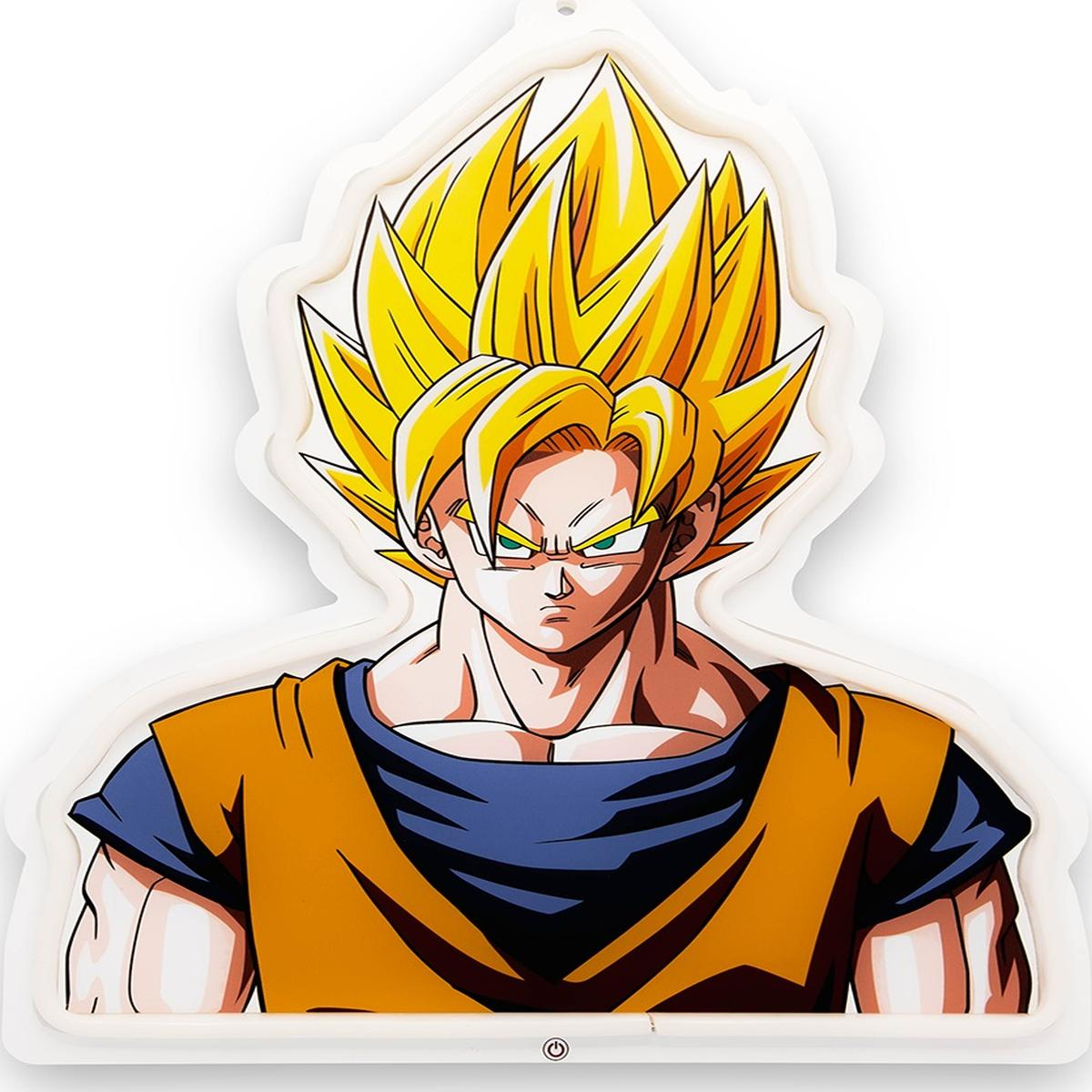 Anime-Figur mit stacheligem gelbem Haar, grünen Augen, trägt ein blau-oranges Outfit. Ein weißer Rahmen umgibt die Figur.