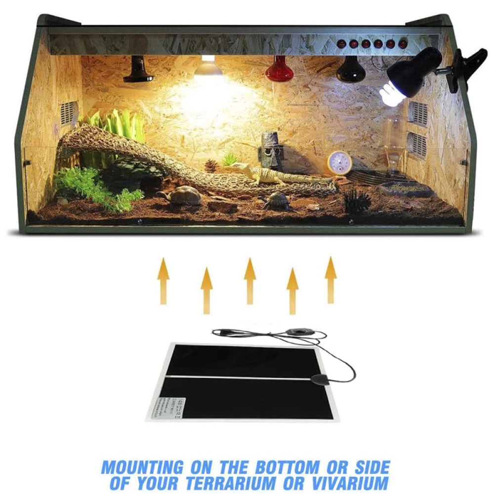 Ein Terrarium mit einer Eidechse, Lampen und einem Heizkissen unten. Pfeile zeigen nach oben zum Terrarium, darunter Text.