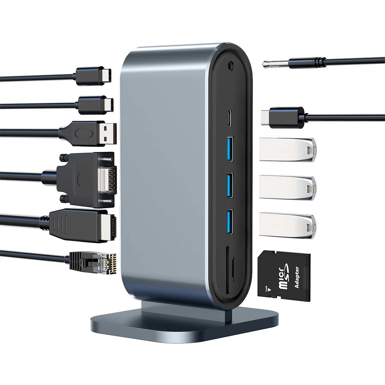 Silberne Dockingstation mit verschiedenen Anschlüssen und Kabeln, einschließlich USB, HDMI und Ethernet, sowie SD-Karte und USB-Laufwerke.