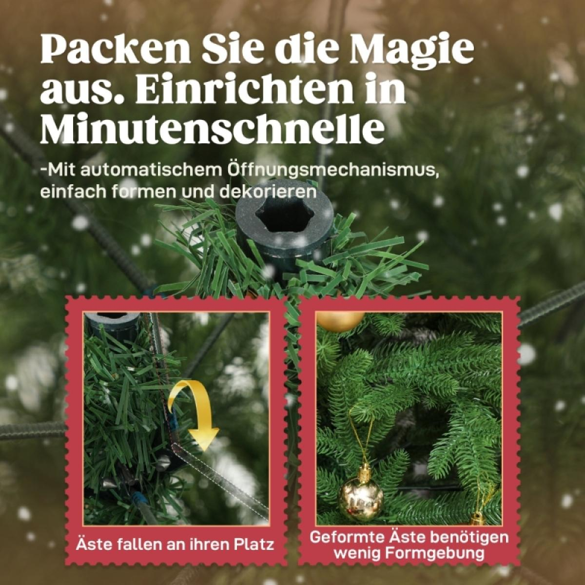 Das Bild zeigt den Zusammenbau eines Weihnachtsbaums. Text: 'Packen Sie die Magie aus. Einrichten in Minutenschnelle'. Zwei Nahaufnahmen zeigen die Äste.