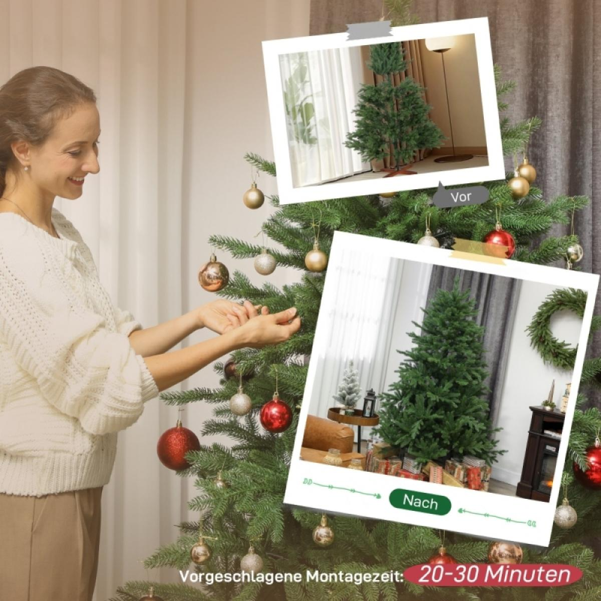 Eine Frau schmückt einen Weihnachtsbaum mit Ornamenten. Das Bild zeigt Vorher-Nachher-Montage. Geschätzte Montagezeit 20-30 Minuten.