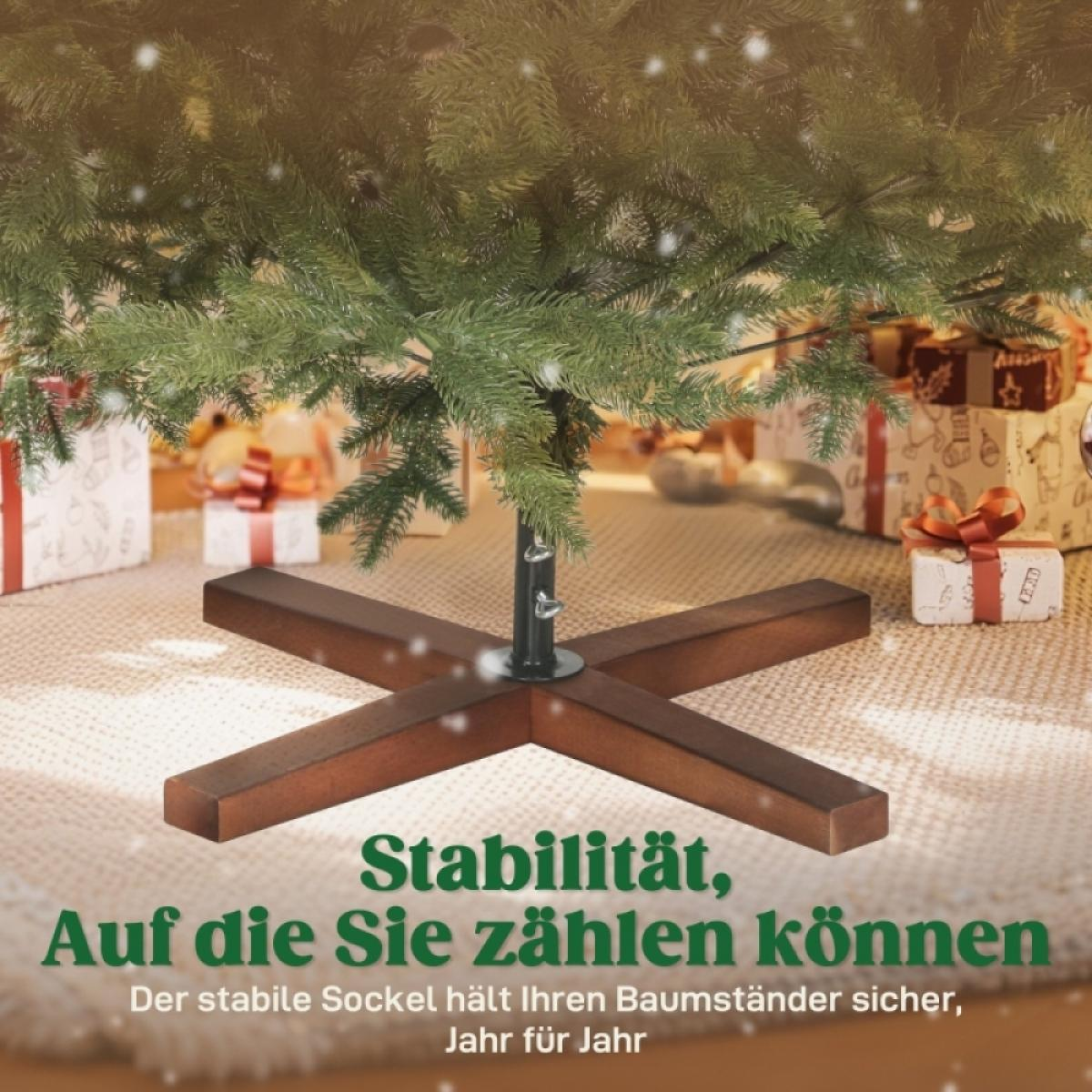 Ein Weihnachtsbaum mit Holzfuß. Geschenke umgeben den Baum auf einem beigefarbenen Teppich. Text sagt 'Stabilität' und 'Jahr für Jahr'.