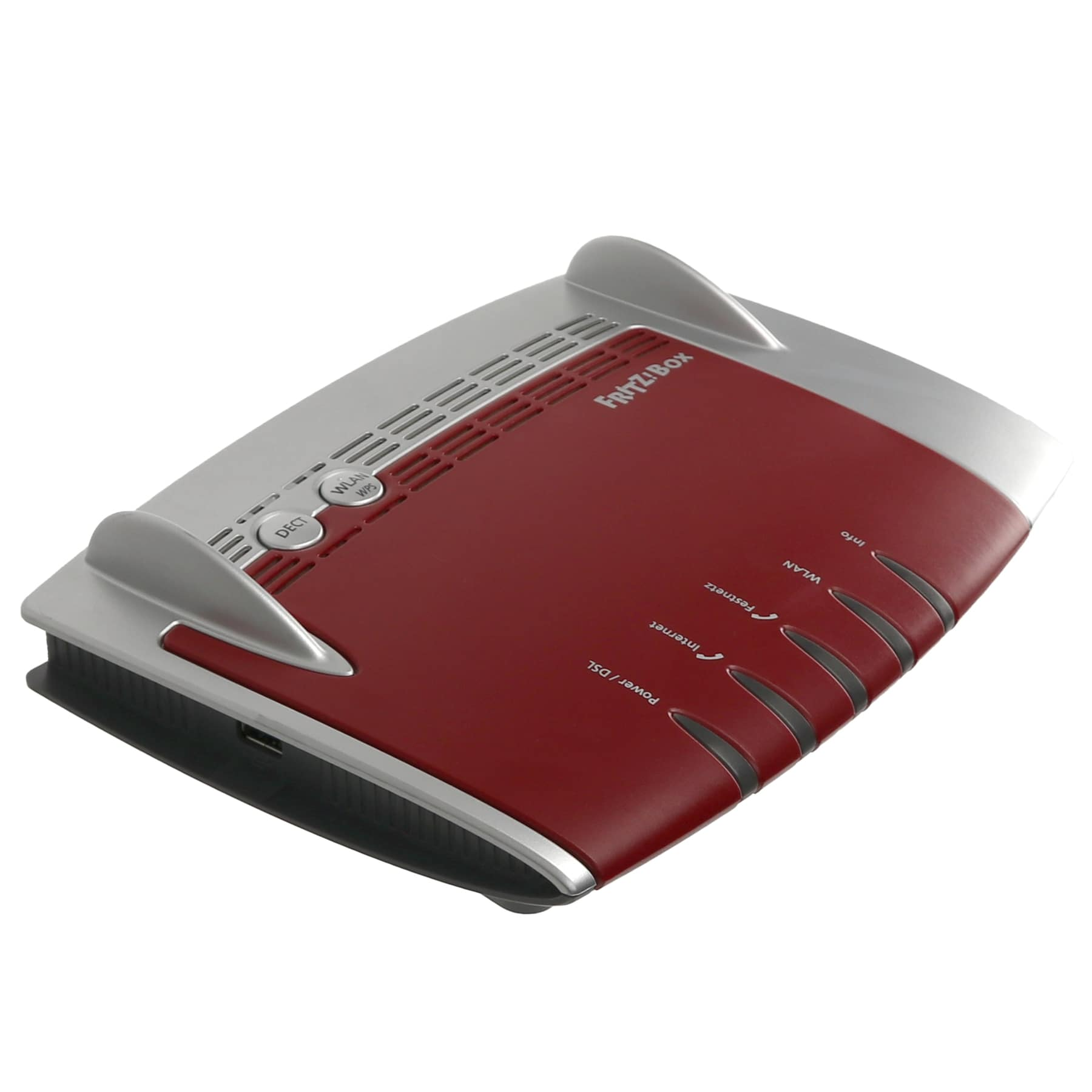 Ein roter und silberner Router mit dem Markennamen FritZ!Box. Er hat mehrere Anschlüsse und Kontrollleuchten.