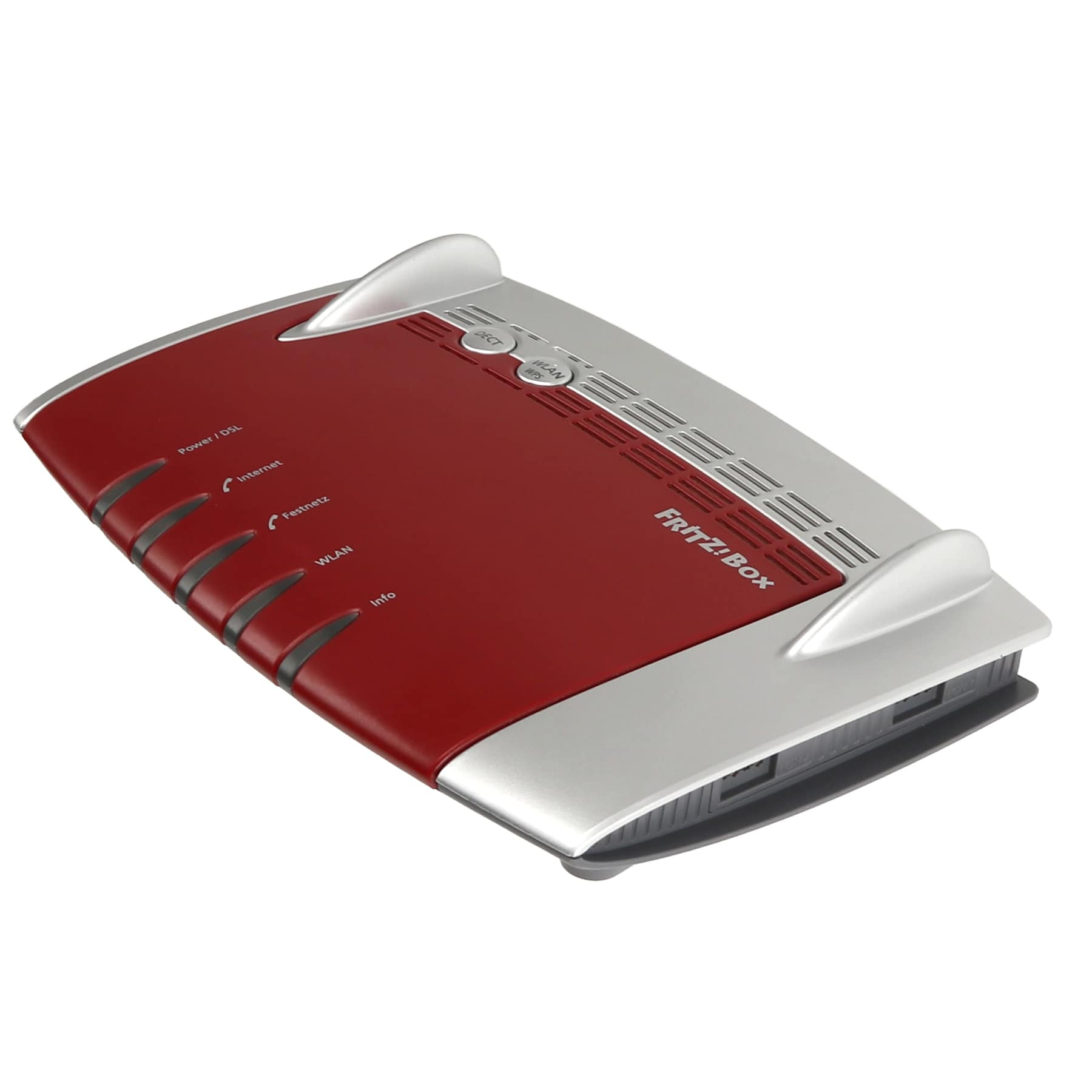 Ein roter und silberner FRITZ!Box Router. Er hat Kontrollleuchten und Tasten auf der Oberseite. Der Markenname ist sichtbar.