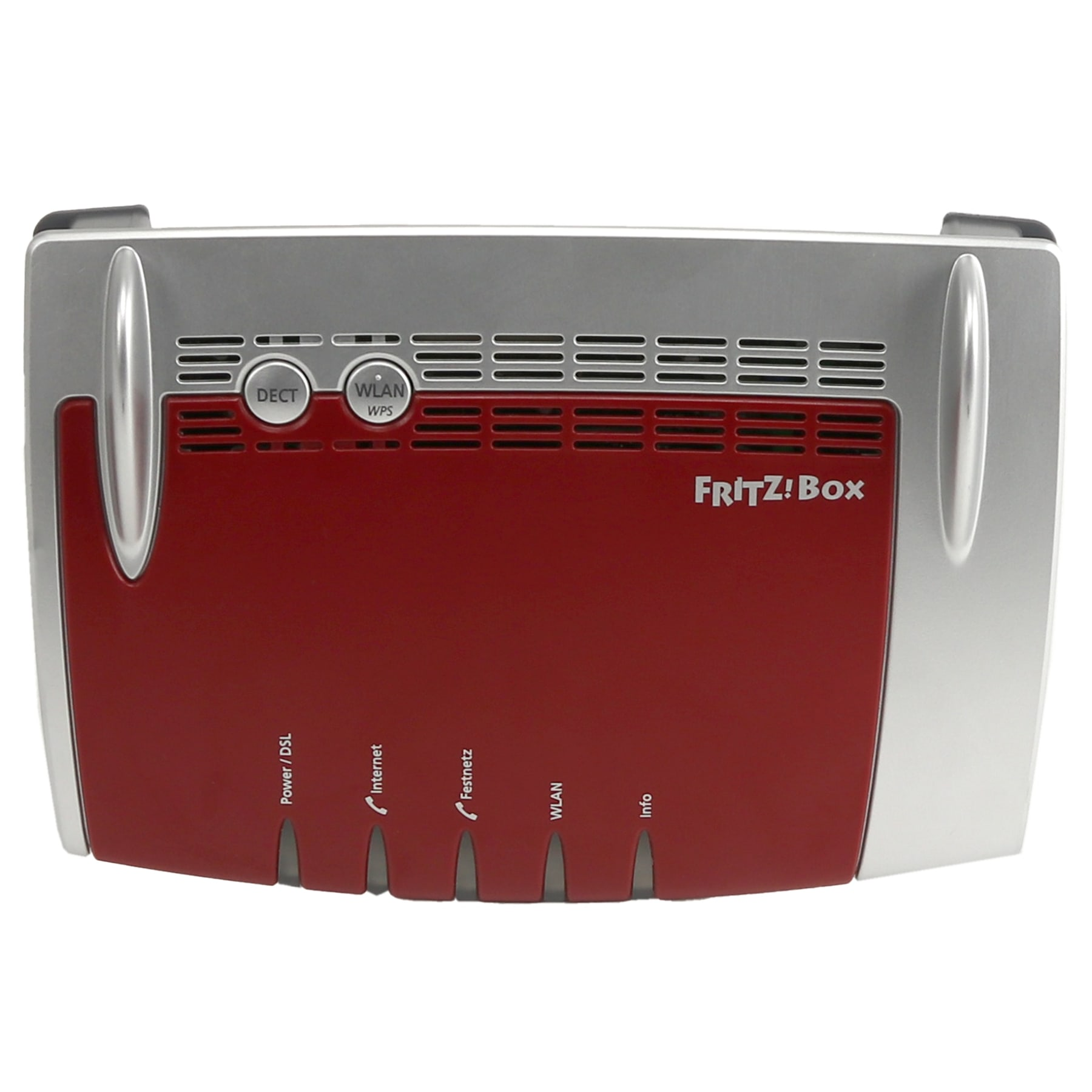 Ein roter und silberner FRITZ!Box-Router. Er hat Tasten für DECT, WLAN und WPS. Die Vorderseite hat Kontrollleuchten.