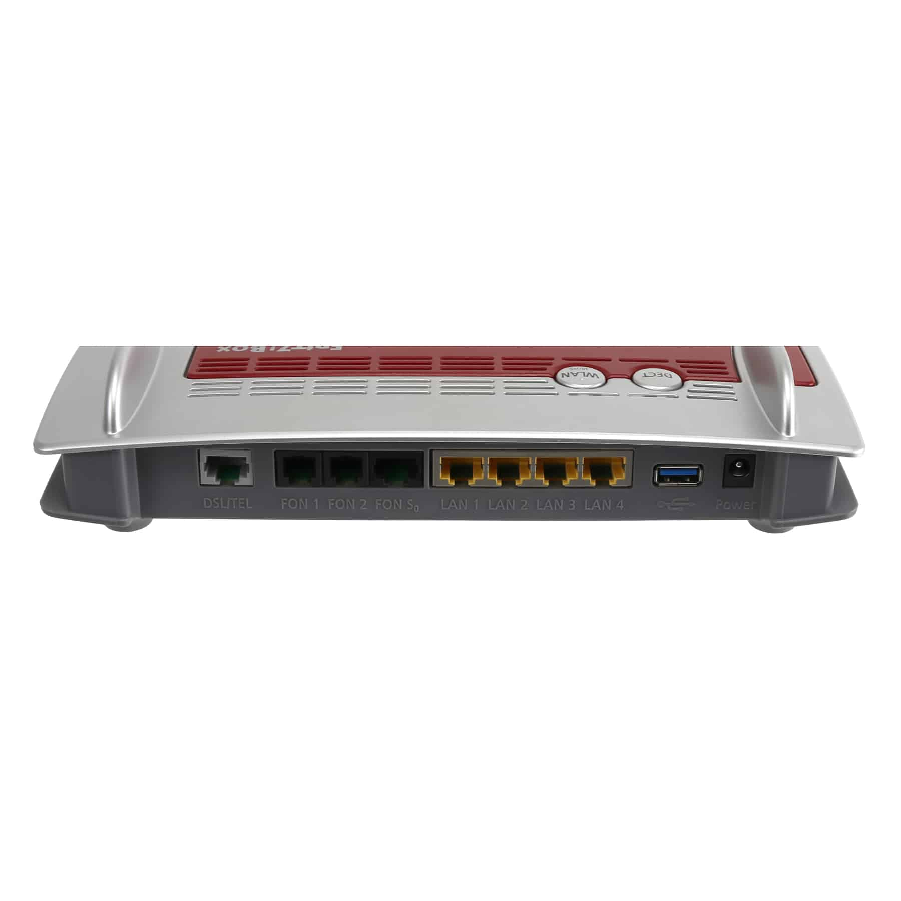 Ein Router mit roter Oberseite und silbernem Gehäuse. Anschlüsse umfassen LAN, DSL, USB und Strom. Knöpfe WLAN und DECT.