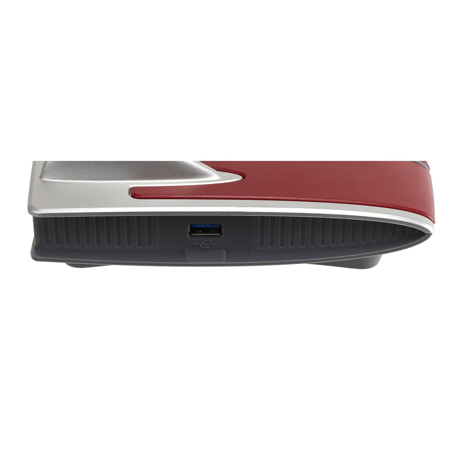 Ein rotes und silbernes elektronisches Gerät, möglicherweise eine Festplatte. Es hat einen USB-Anschluss. Das Gerät befindet sich auf weißem Hintergrund.