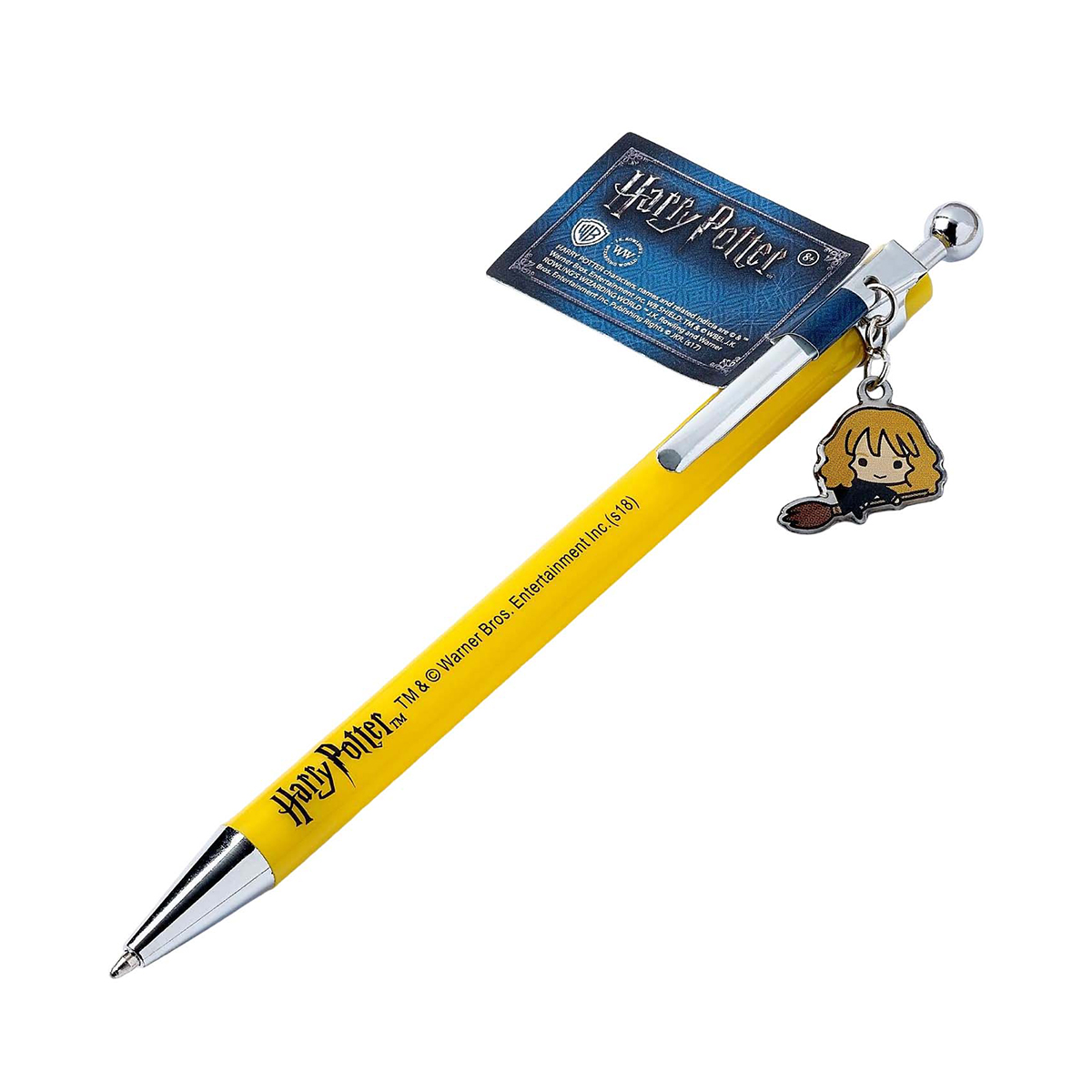 Ein gelber Harry-Potter-Stift mit einem Anhänger einer Figur auf einem Besen und einem blauen Anhänger.