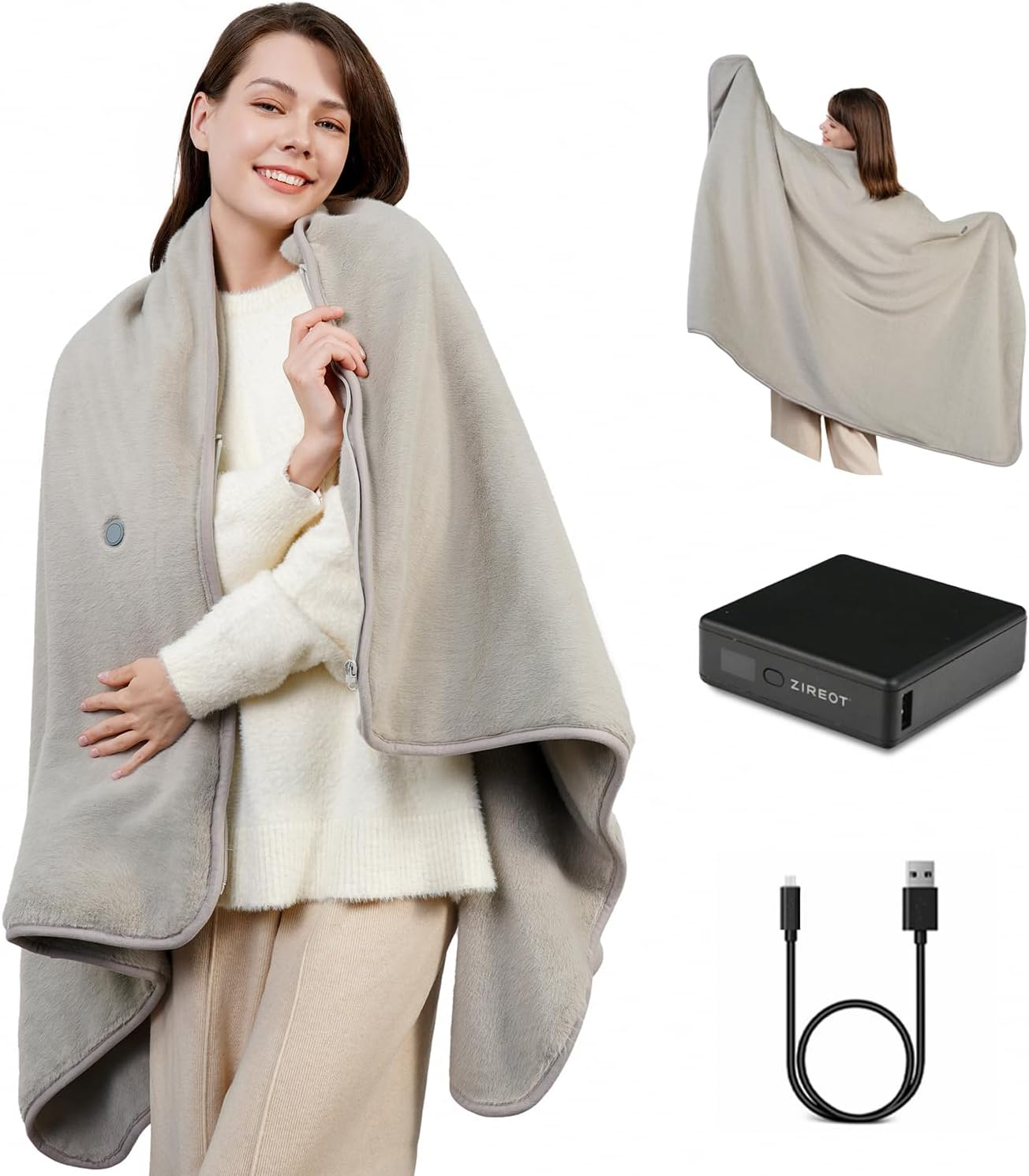 Eine Frau trägt einen grauen, beheizbaren Wickel. Weitere Bilder zeigen den Wickel an einer anderen Person, eine Powerbank und ein USB-Kabel.
