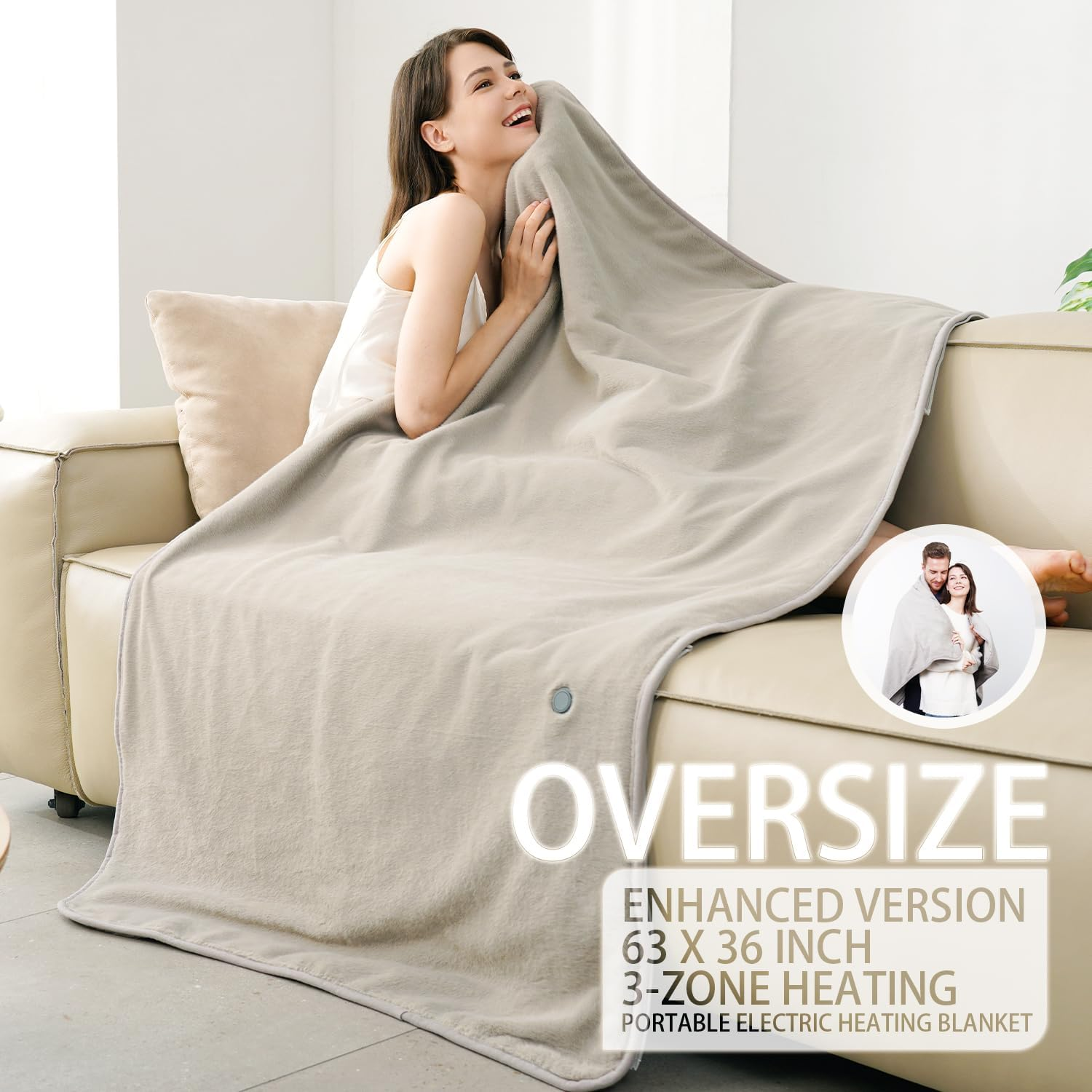 Frau auf einem Sofa, in eine Decke gehüllt. Text: Übergroß, erweiterte Version, 63x36 Zoll, 3-Zonen-Heizung, tragbare elektrische Heizdecke.