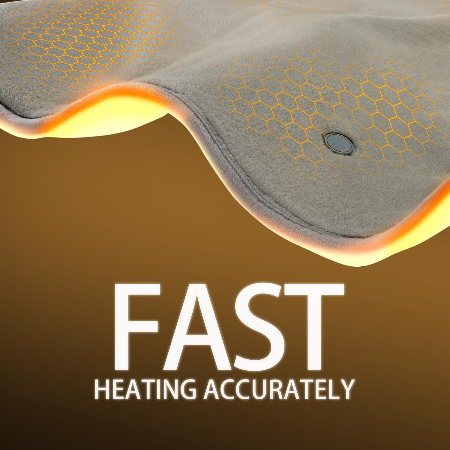Ein graues Heizkissen mit Wabenmuster. Leuchtend gelbe Kanten und das Wort 'FAST' mit 'HEATING ACCURATELY' darunter.