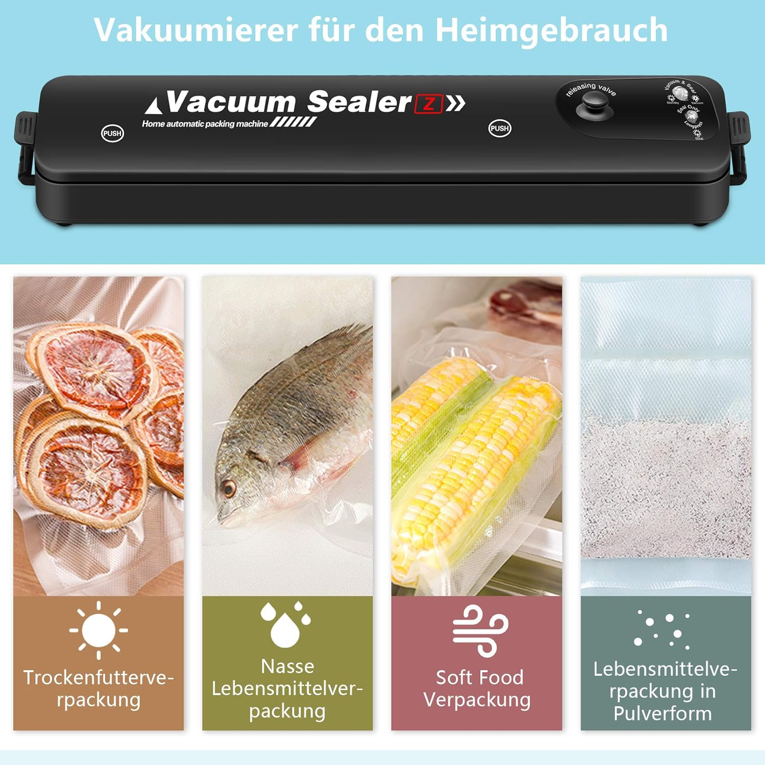 Ein Vakuumiergerät mit Beispielen für verpackte Lebensmittel: Trockenfrüchte, Fisch, Mais und Pulver. Textbezeichnungen beschreiben Verpackungsarten.