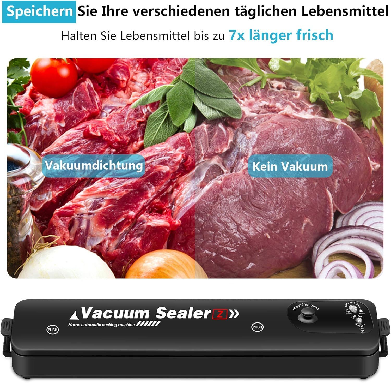Das Bild zeigt Fleisch, Gemüse und ein Vakuumiergerät. Der Text wirbt für Frische. Das Vakuumiergerät ist schwarz.