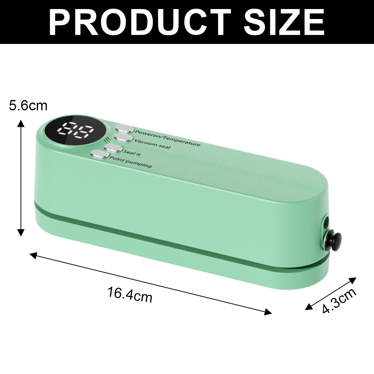 Ein mintgrünes Gerät mit Maßangaben. Es zeigt eine Digitalanzeige und Beschriftungen wie 'Power on', 'Vacuum seal'.