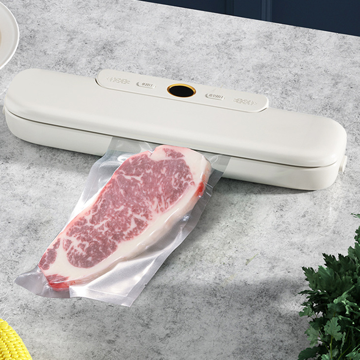 Ein rohes Steak in einem vakuumversiegelten Beutel neben einem weißen Vakuumierer. Petersilie befindet sich unten rechts im Bild.
