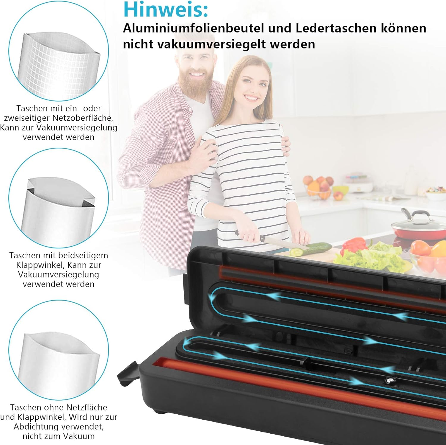 Das Bild zeigt ein Paar in einer Küche und Diagramme von Vakuumbeuteln. Text erklärt, welche Beutel zum Vakuumversiegeln geeignet sind.