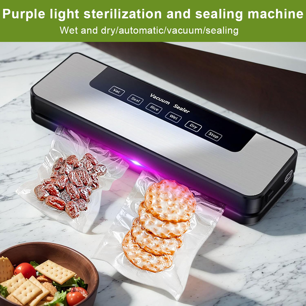Vakuumiergerät mit Lebensmitteln in Beuteln. Violettes Licht sterilisiert. Cracker und Tomaten in einer Schüssel. Maschine mit der Aufschrift Vakuumiergerät.