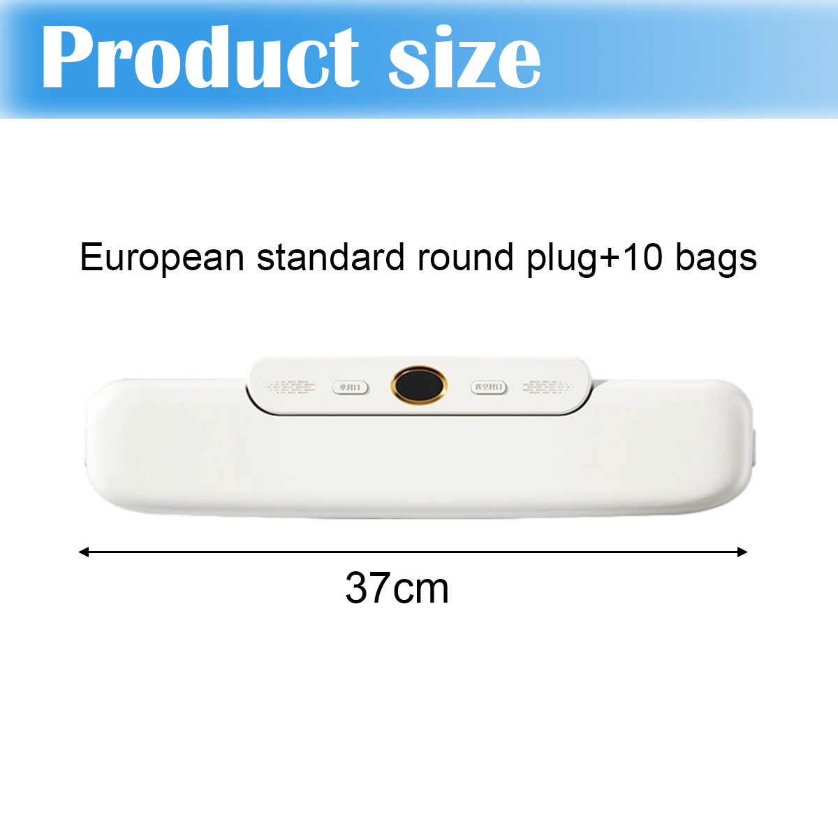 Ein weißes Produkt mit schwarzem Knopf und goldenem Rand. Der Text lautet 'European standard round plug+10 bags' mit 37 cm Größe.