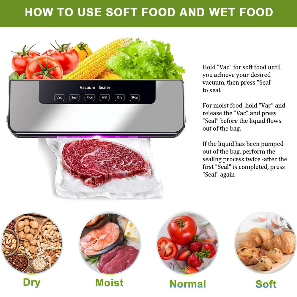 Vakuumiergerät mit Lebensmittelproben: Tomaten, Mais, Salat, Steak, Nüsse, Lachs, Beeren und Gebäck. Anweisungen sind vorhanden.