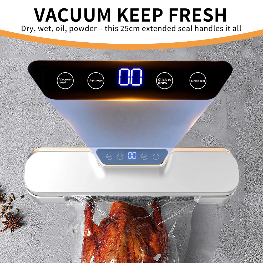 Vakuumiergerät mit Digitalanzeige. Versiegelte Tüte mit gebratenem Fleisch. Text lautet 'VACUUM KEEP FRESH'.