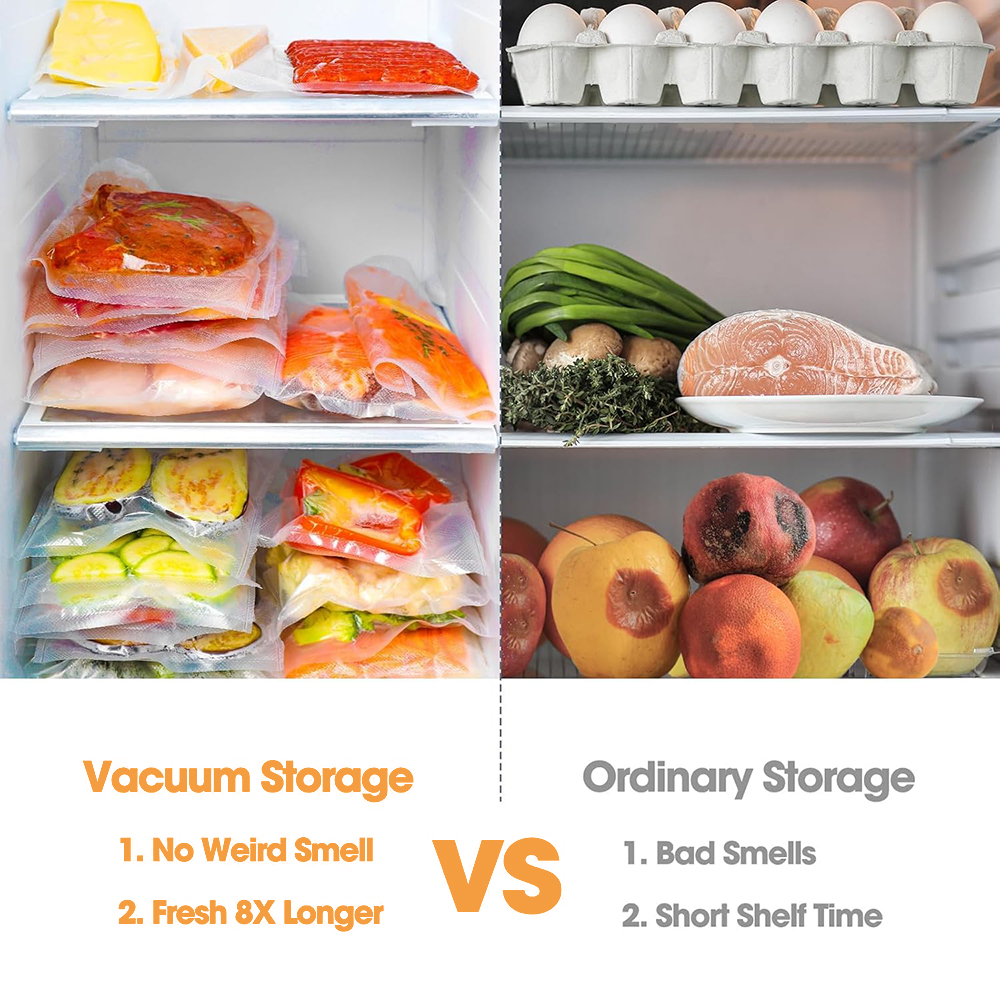Ein Kühlschrank zeigt vakuumverpackte Lebensmittel vs. normale Lagerung. Äpfel, Lachs, Eier sowie Gemüse und Fleisch sind zu sehen.