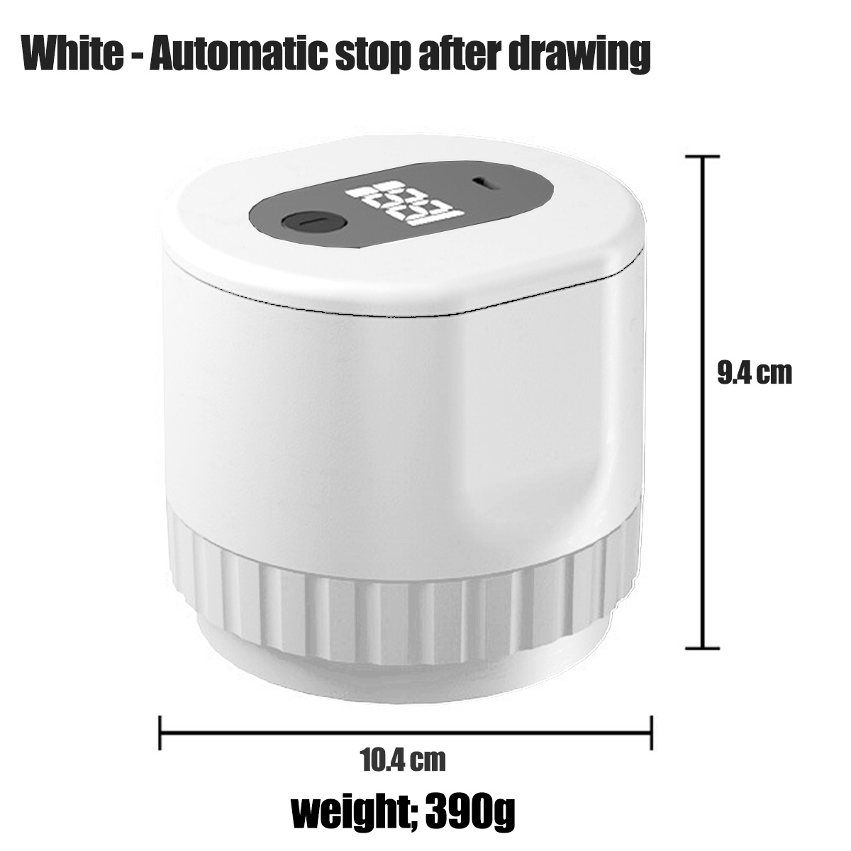 Ein weißes Gerät mit Digitalanzeige. Abmessungen sind 10,4 cm x 9,4 cm. Gewicht beträgt 390g. Text oben lautet: 'Automatischer Stopp nach dem Zeichnen'.