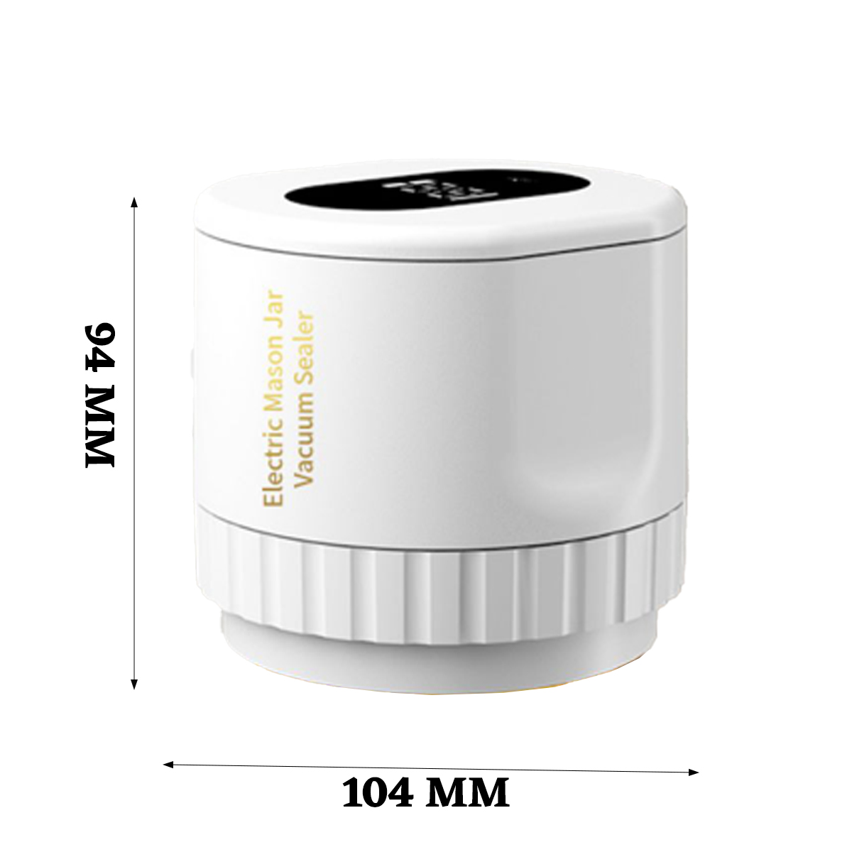 Weißer elektrischer Vakuumierer für Einmachgläser. Er ist 94 mm hoch und 104 mm breit. Der Produktname ist goldfarben geschrieben.