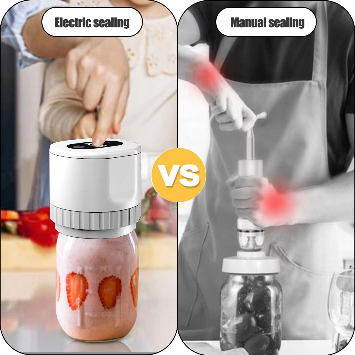 Das Bild zeigt elektrisches vs. manuelles Verschließen. Links: Glas mit Erdbeeren. Rechts: manuelles Verschließen des Glases.