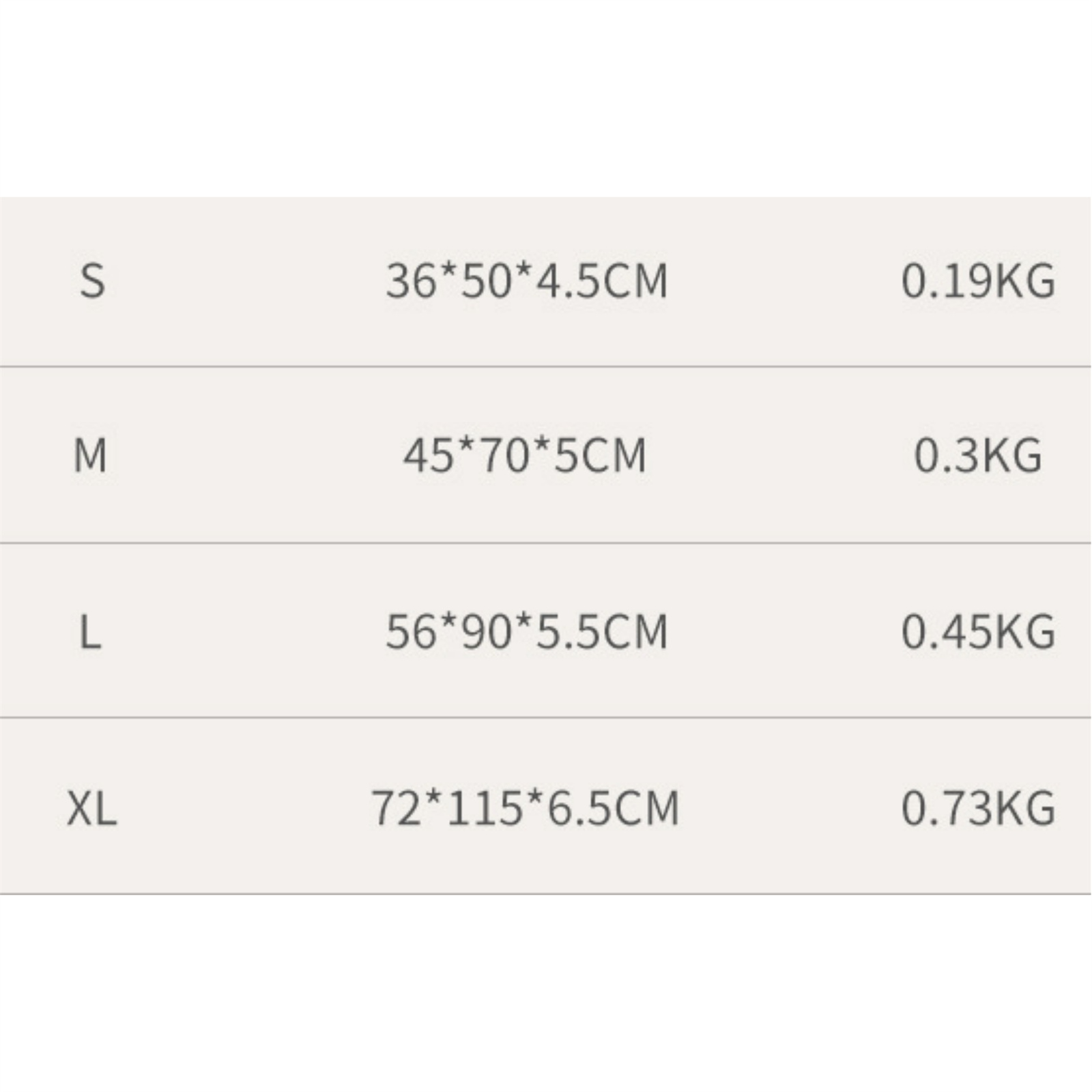 Tabelle mit Größen S, M, L, XL mit Abmessungen und Gewichten. S:36*50*4,5CM, 0,19KG. M: 45*70*5CM, 0,3KG, usw.