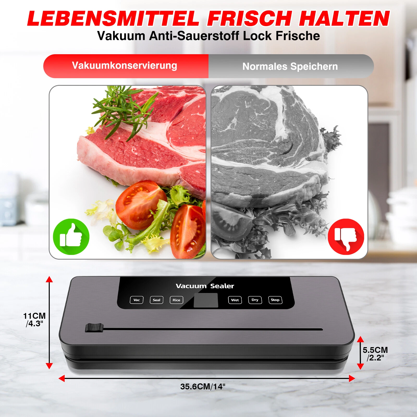 Das Bild zeigt ein Vakuumiergerät mit einem Lebensmittelkonservierungs-Vergleich. Frisches Fleisch und Tomaten werden mit und ohne Vakuumversiegelung