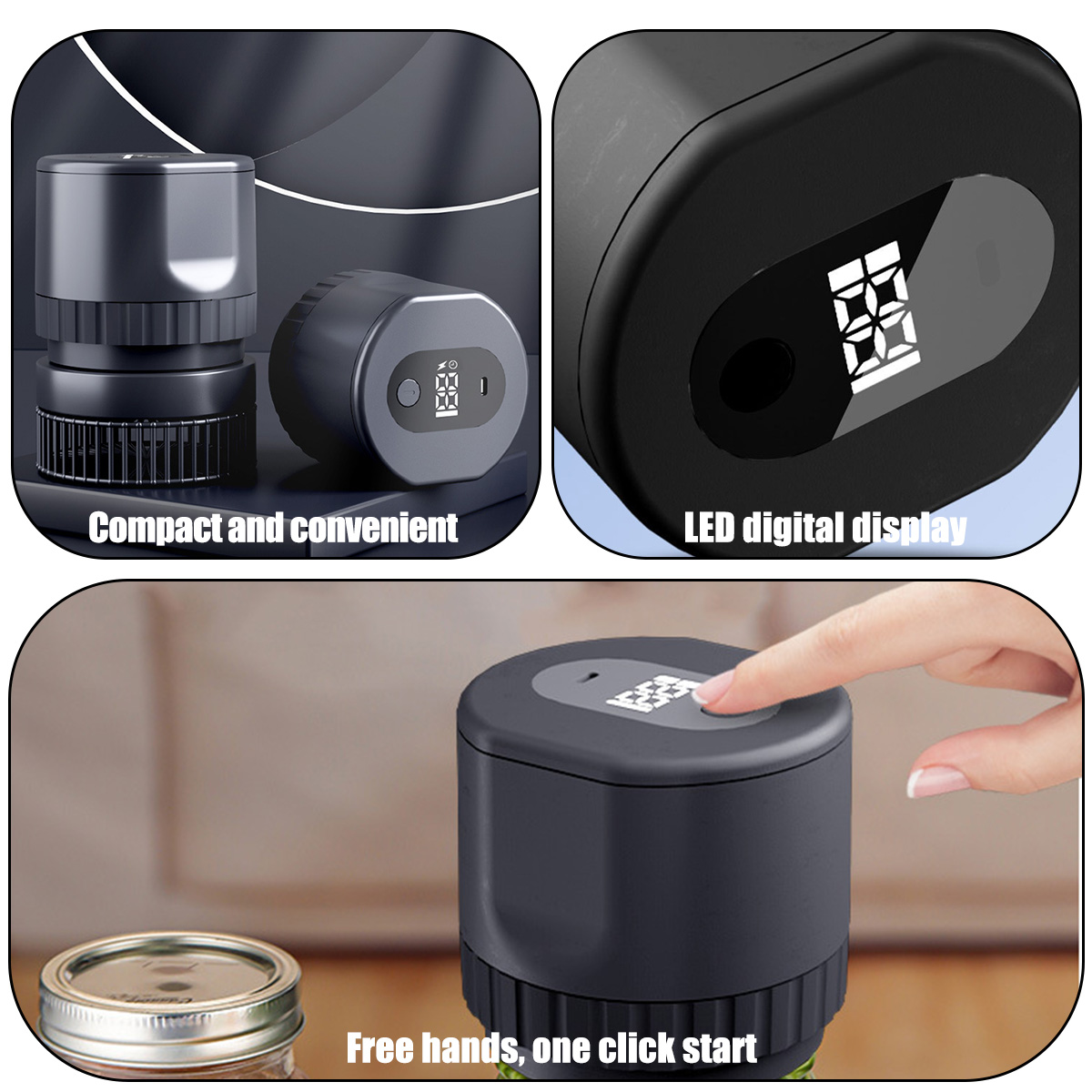 Das Bild zeigt ein schwarzes Glasversiegelungsgerät mit LED-Anzeige und einer Hand, die einen Knopf drückt. Text: Kompakt und bequem, freihändig, One-Click-Start.