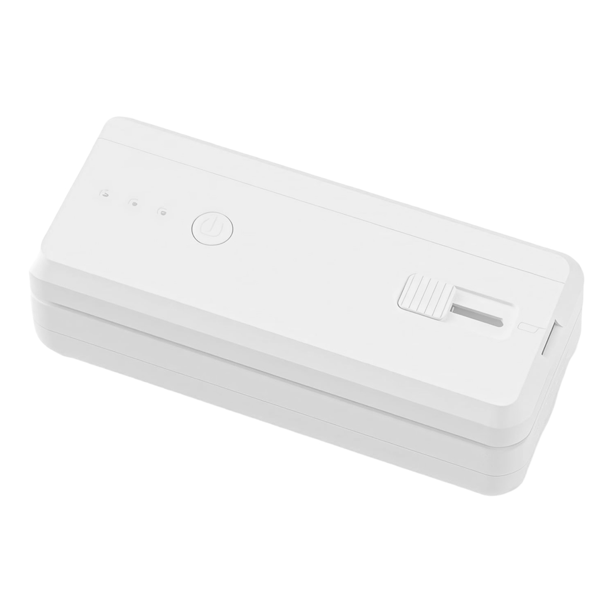 Ein weißes, rechteckiges elektronisches Gerät. Es hat einen Power-Button, Kontrollleuchten und einen Schieberegler. Der Hintergrund ist weiß.