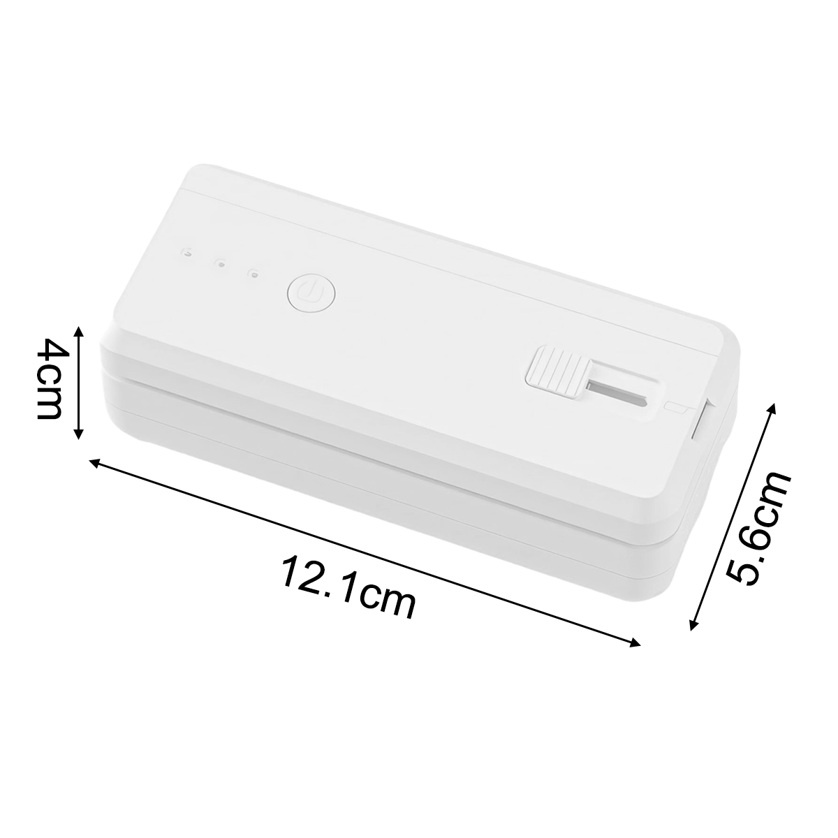Ein weißes rechteckiges Gerät mit den Maßen 12,1 cm lang, 5,6 cm breit und 4 cm hoch. Es hat eine Ein-/Aus-Taste und einen Ein-/Aus-Schieberegler.
