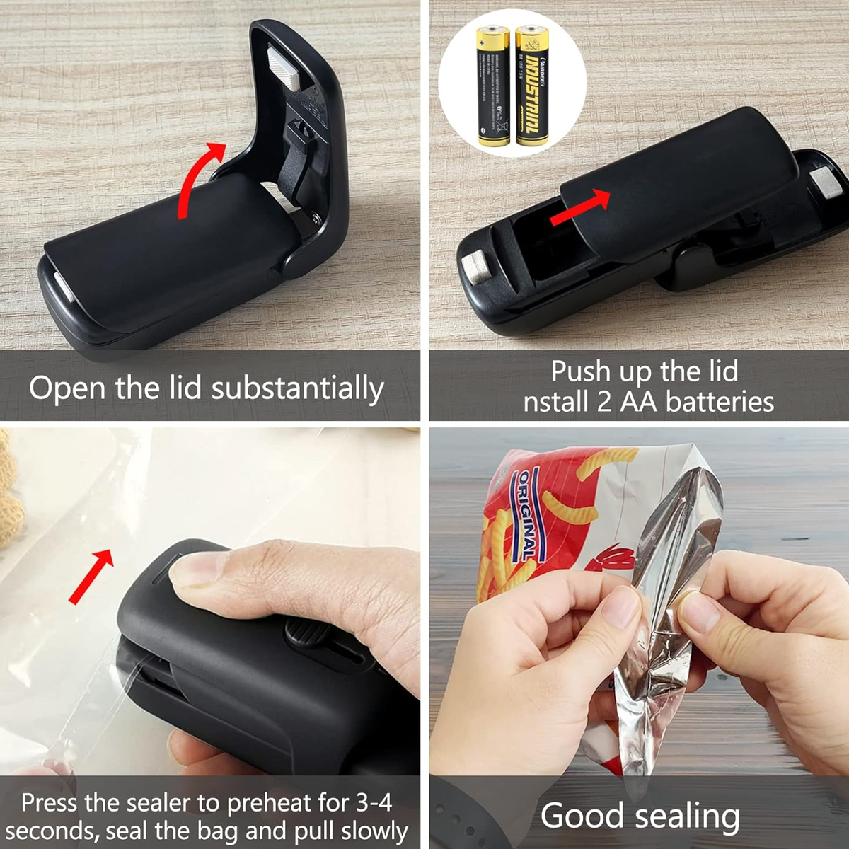 Schritte zur Verwendung eines Beutelversiegelers: Deckel öffnen, Batterien einlegen, vorheizen, Beutel versiegeln und langsam ziehen. Gute Versiegelung wird gezeigt.