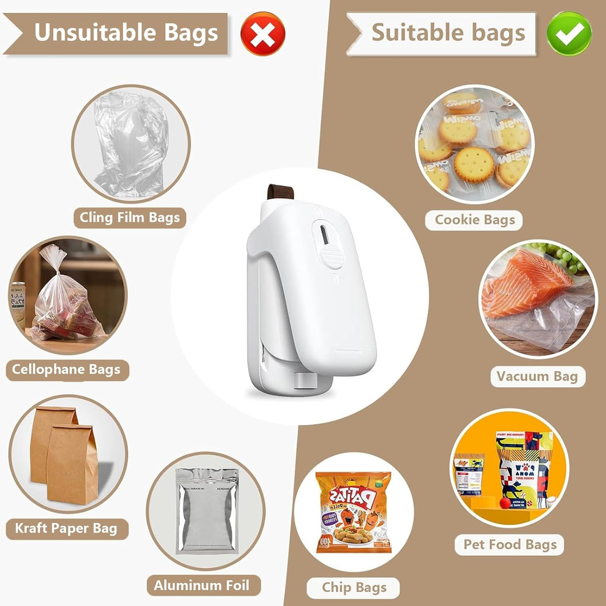 Das Bild zeigt ungeeignete und geeignete Beutel zum Verschließen. Enthält Frischhaltefolie, Zellophan, Kraftpapier, Alufolie, Chips, Kekse, Vakuumbeutel und Tierfutterbeutel.