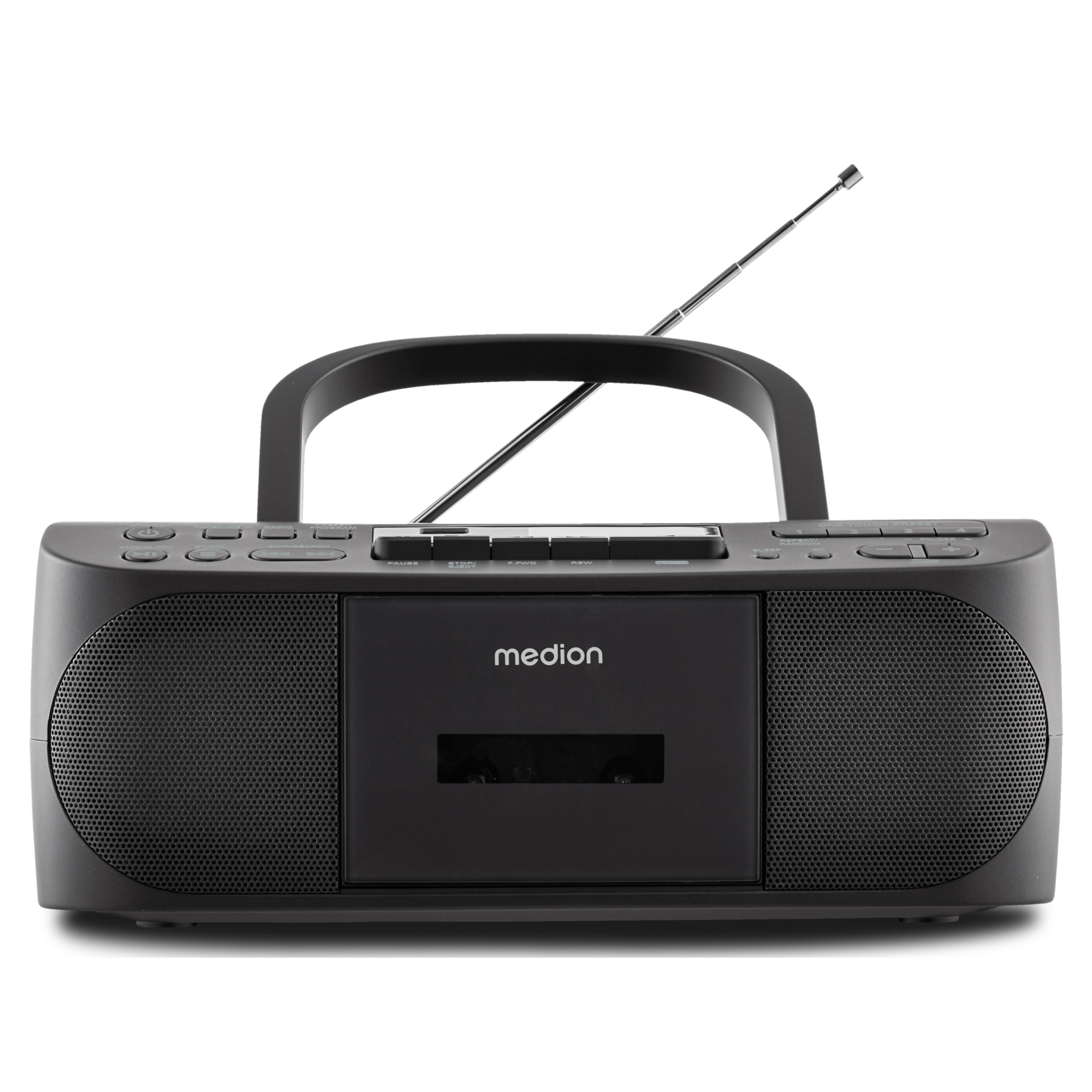 Schwarzer Medion-Boombox mit Griff, Radioantenne und Kassettenspieler. Es ist auf weißem Hintergrund.