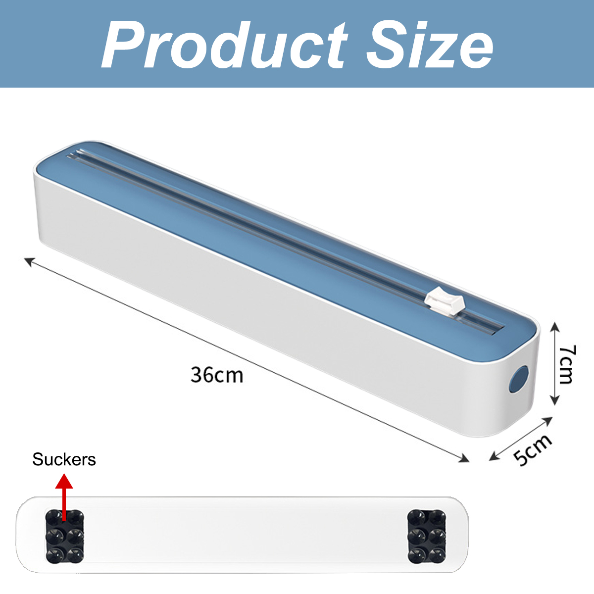 Ein Diagramm der Produktgröße in Weiß und Blau. Es ist ein Spender mit den Maßen 36 cm x 7 cm x 5 cm, einschließlich Saugern.