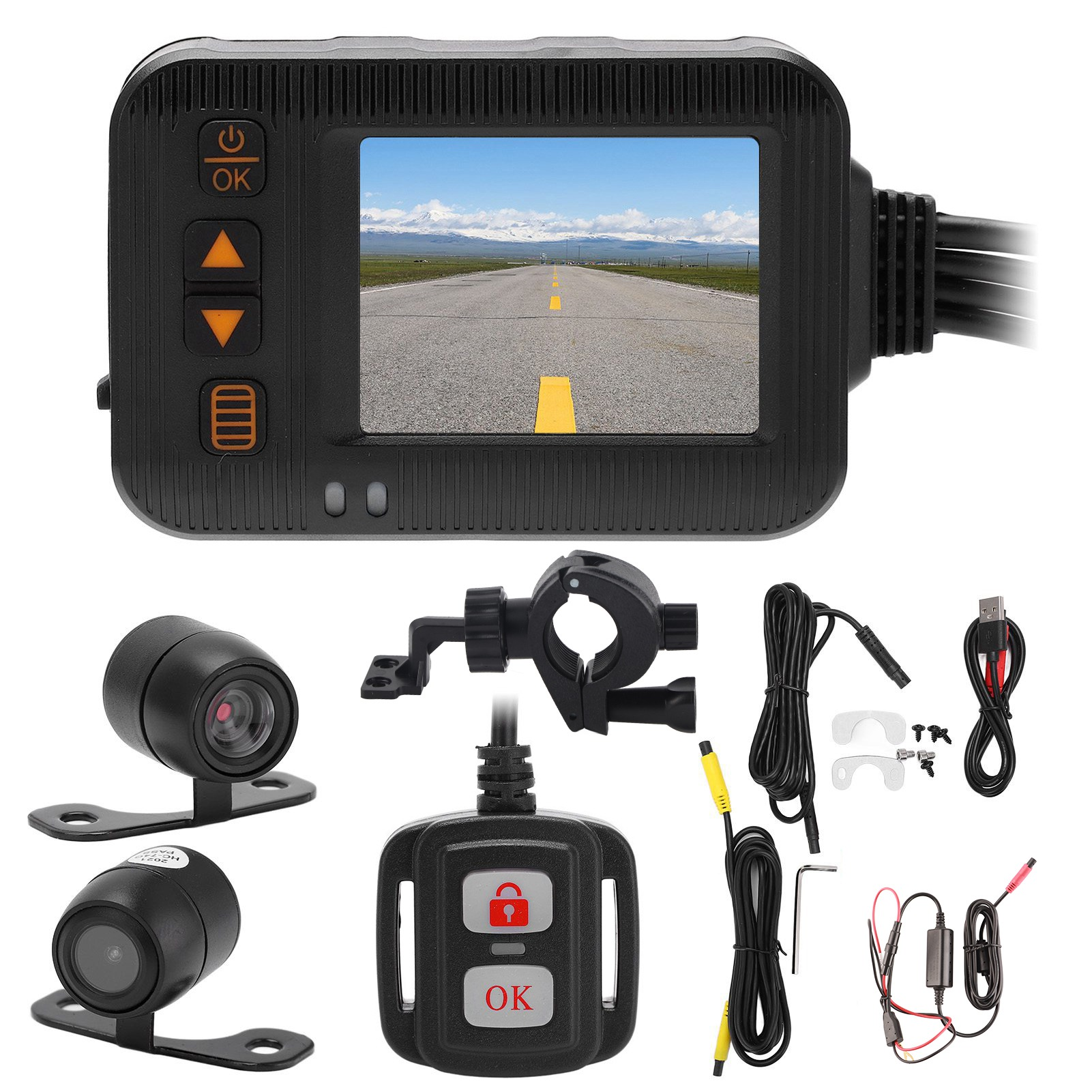 Eine schwarze Auto-Dashcam mit Bildschirm, der eine Straßenszene zeigt, sowie Komponenten wie Kameras, Kabel und Fernbedienung.