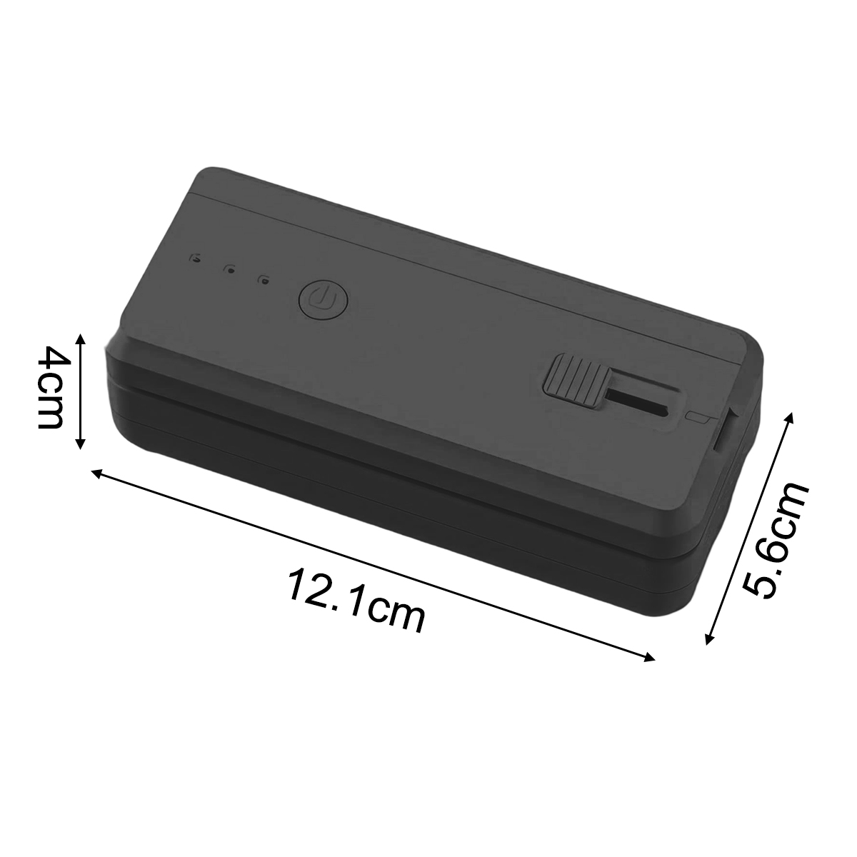 Ein schwarzes rechteckiges Gerät mit Ein/Aus-Taste und Schieberegler, Abmessungen 12,1 cm x 5,6 cm x 4 cm, vor weißem Hintergrund.