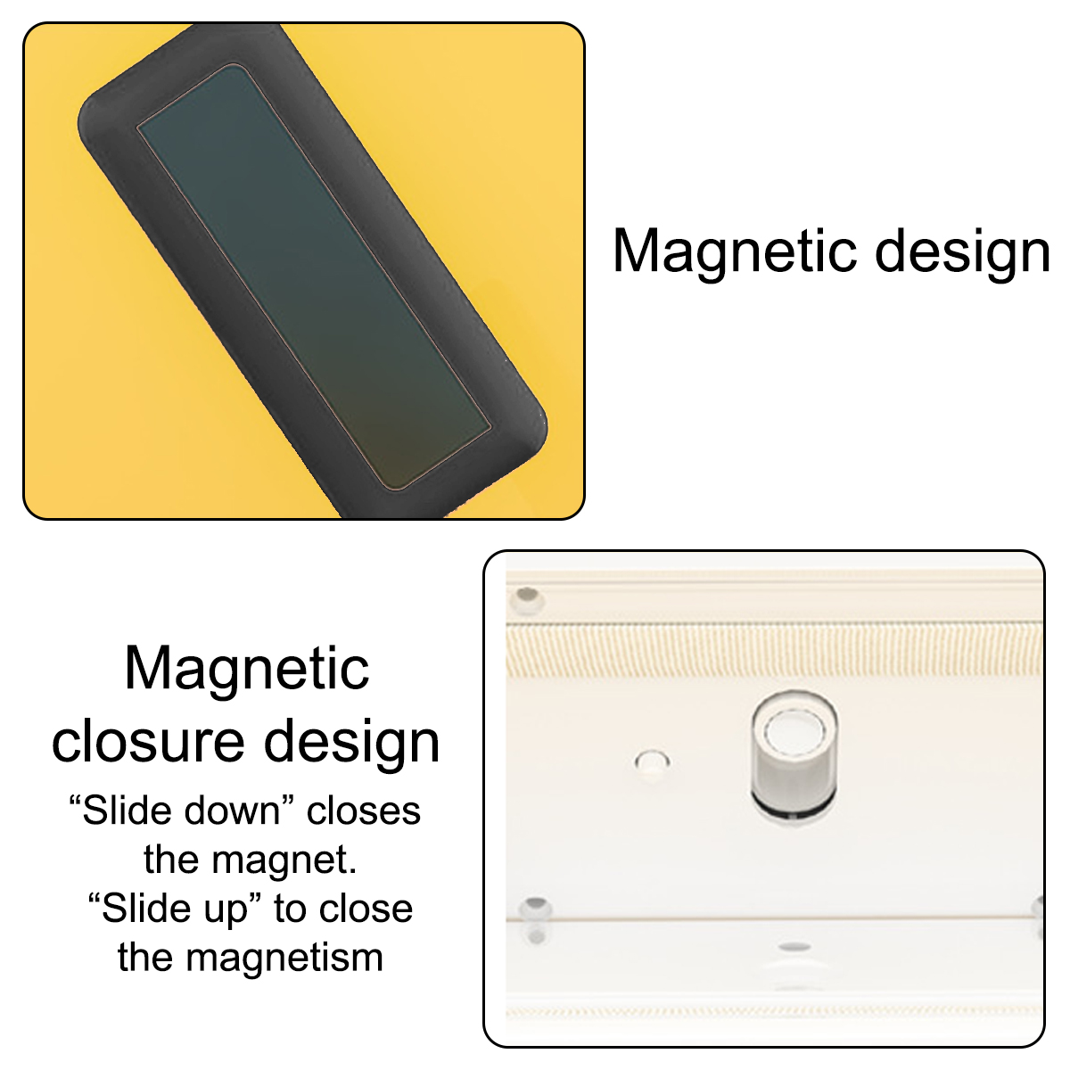 Das Bild zeigt ein Design-Detail mit Magnetverschluss und Magnetdesign-Text. Das Bild ist in zwei Teile geteilt.
